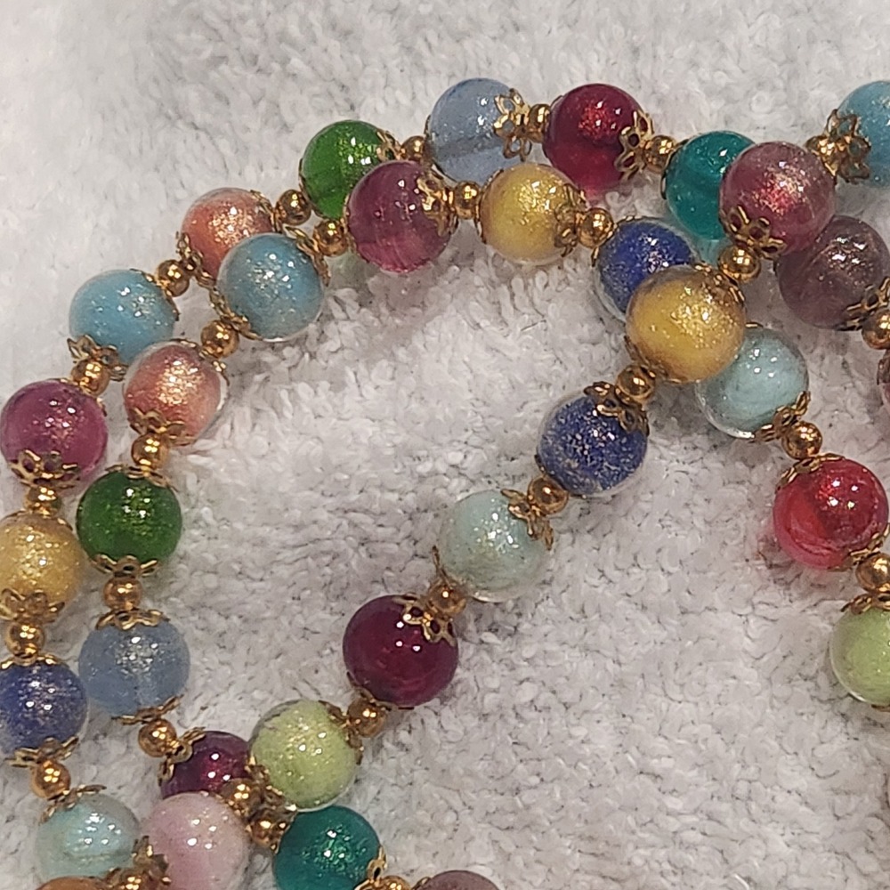 Murano Glass Necklace and bracelet Multi Color Beaded Gold Tone set